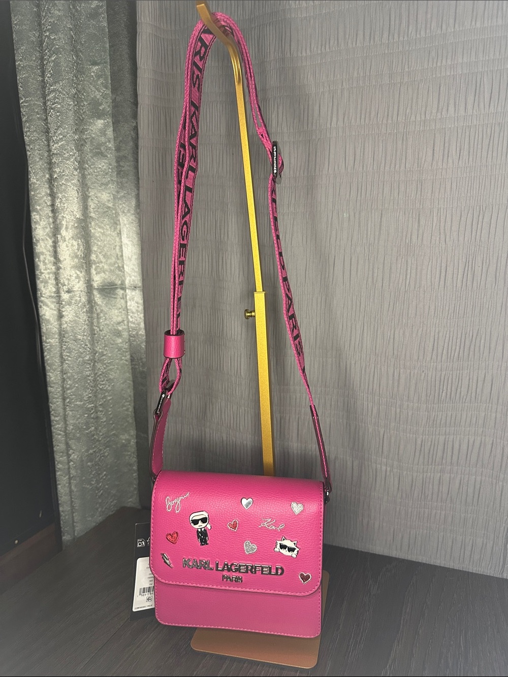 Karl Lagerfeld Hot Pink Crossbody Bag with Logo Guitar Strap